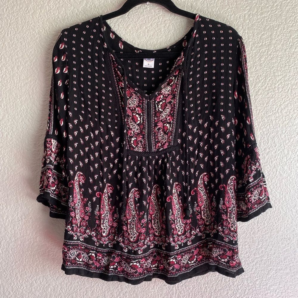 Bila Boho Peasant Top Black Pink Paisley Print Women’s Small